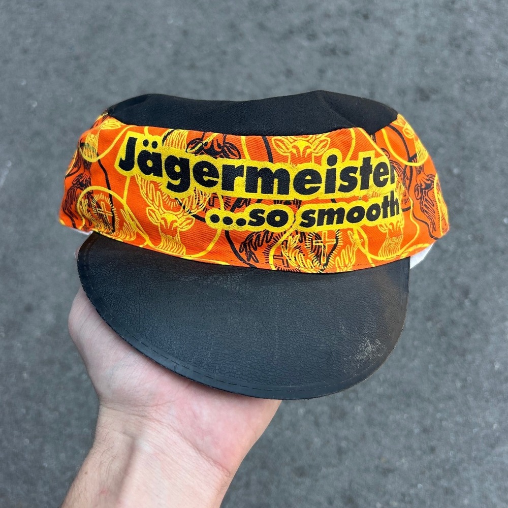 Jagermeister So Smooth Vintage Cycling Cap Orange Black All Over Print Logo Hat